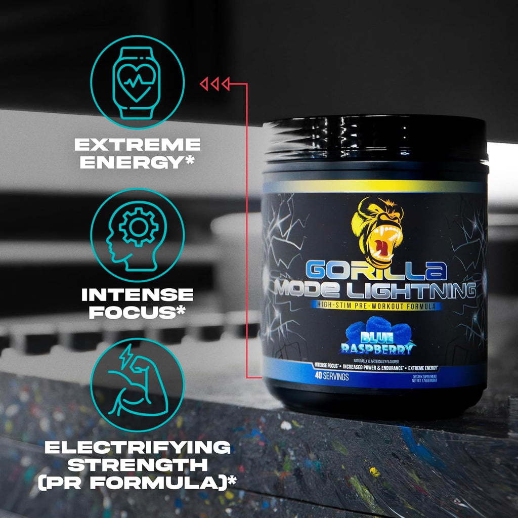 Gorilla Mode Lightning Pre-Workout - Extreme Energy · Laser Focus · Powerful Pumps · Peak Performance - 550mg Caffeine, 13500mg L-Tyrosine, Alpha-GPC– 772g (Mouthwatering Watermelon)