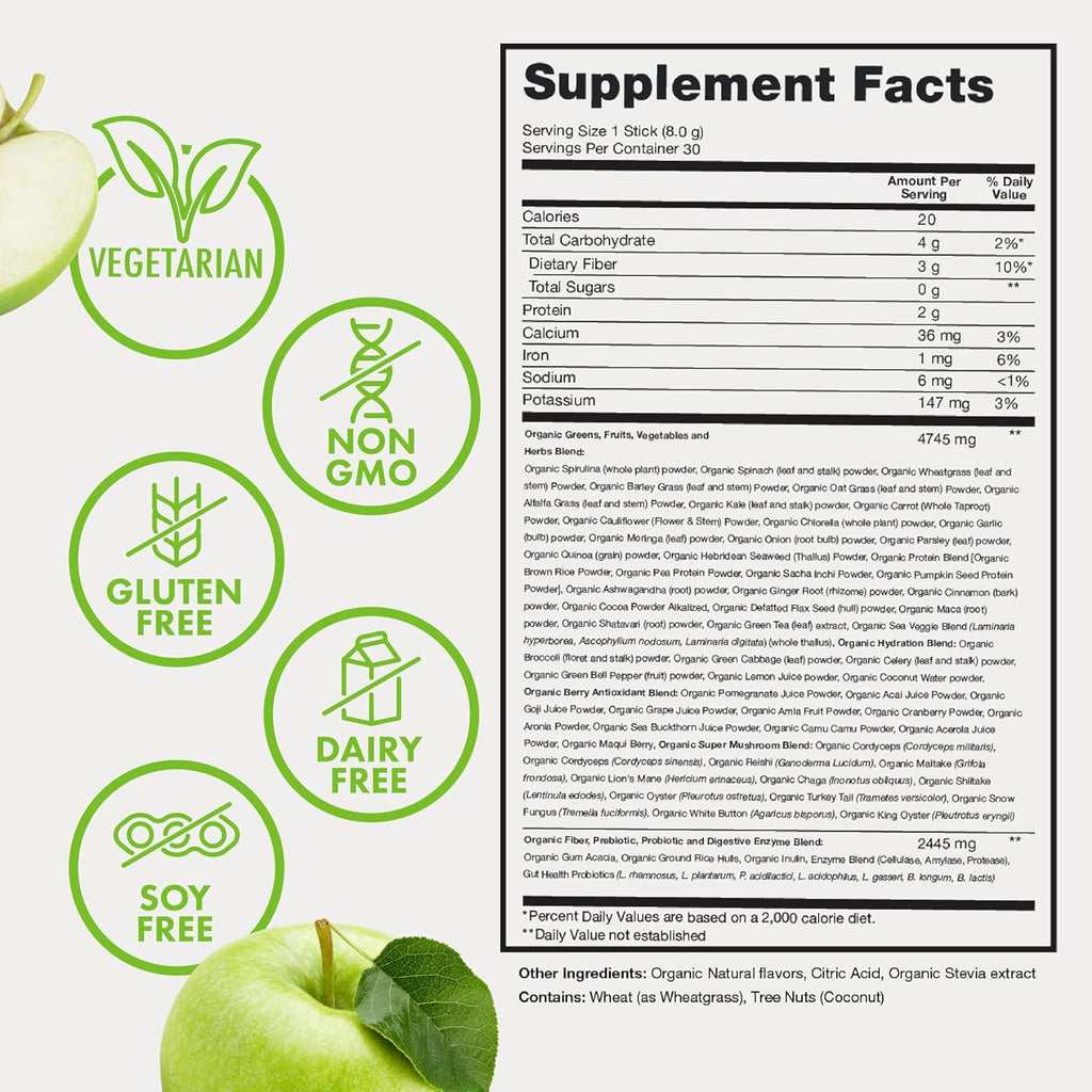 Zena Nutrition Organic Super Greens Powder, 70+ Superfoods, 0 Sugar, 3G Fiber, Spirulina, Chlorella, Antioxidants, Prebiotics/Probiotics, Digestive Enzymes, Green Apple, 30 Drink Mix Packets