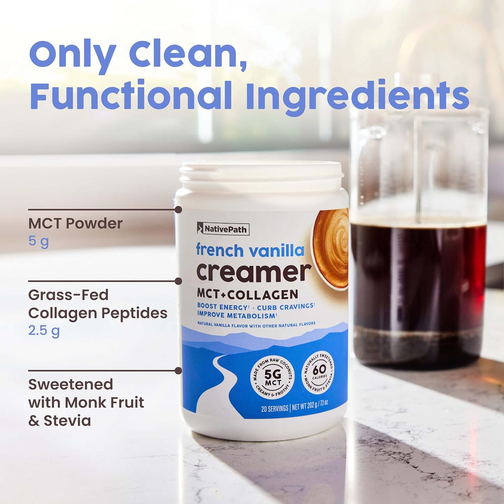 NativePath Keto Coffee Creamer Powder French Vanilla — Keto-Friendly, Non-Dairy & Low Sugar Creamer. Made with Grass-fed Collagen Protein Powder, MCT Oil & Monk Fruit. Soy & Gluten Free (7.1 OZ)
