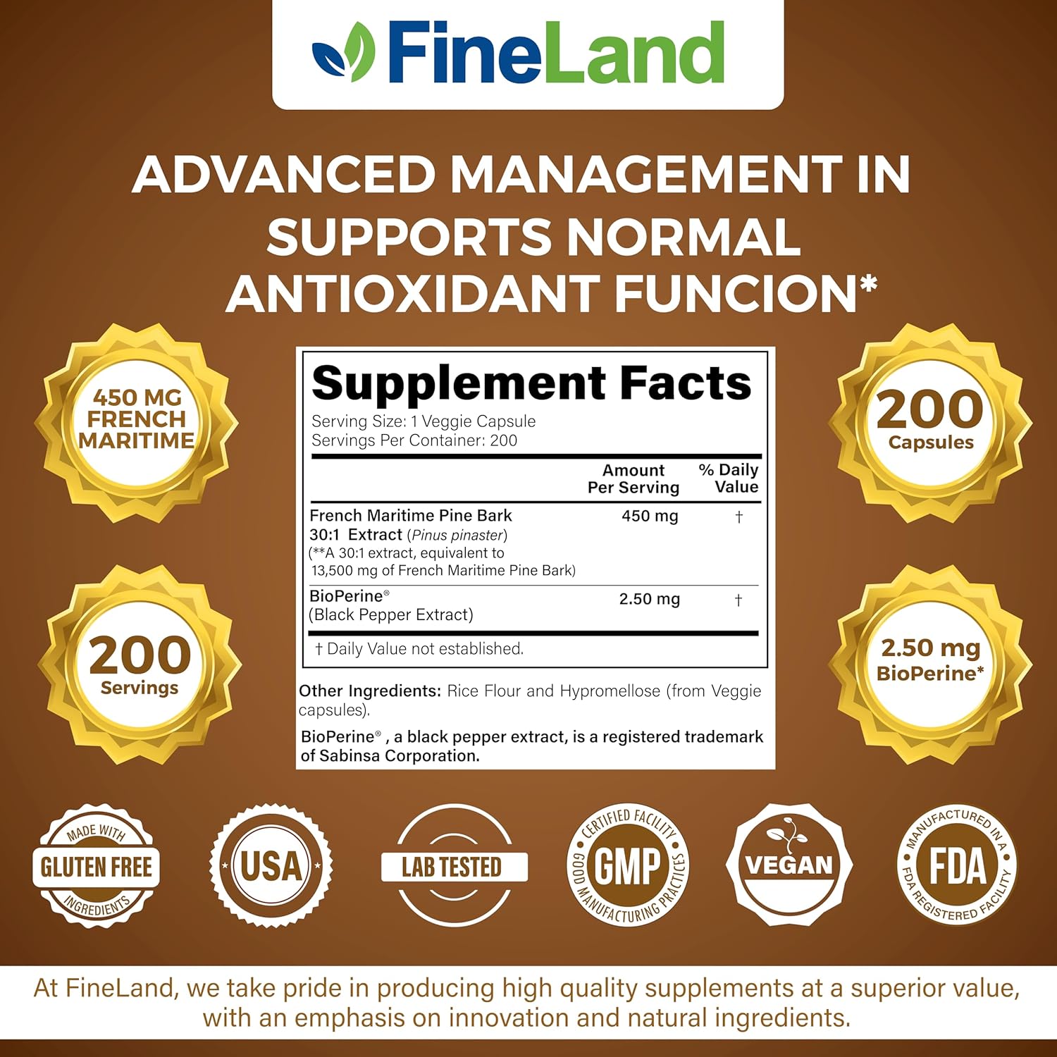 FineLand French Maritime Pine Bark 30:1 Extract Max Strength, 450 mg Per Capsule, Antioxidant, 200 Veggie Caps of Pine Bark Supplement for 200 Days, 100% Natural