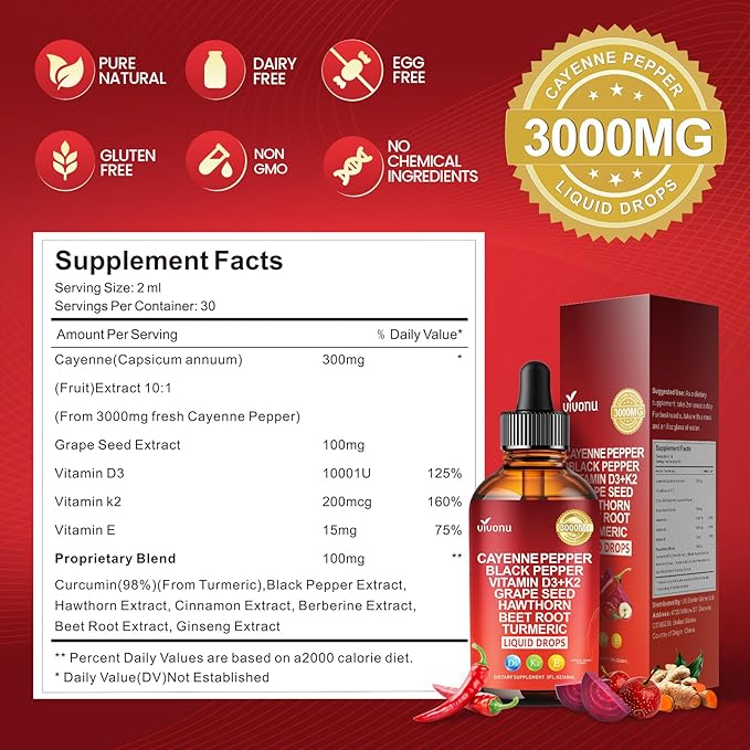 12 IN 1 Cayenne Pepper Drops Supplement, Liposomal Tech 98% Absorption, Supports* Leg Vein, Heart & Blood Vessel* Health, with Vitamin E D3+K2 & Extracts of Grape Seed, Hawthorn, Beetroot, Berberine