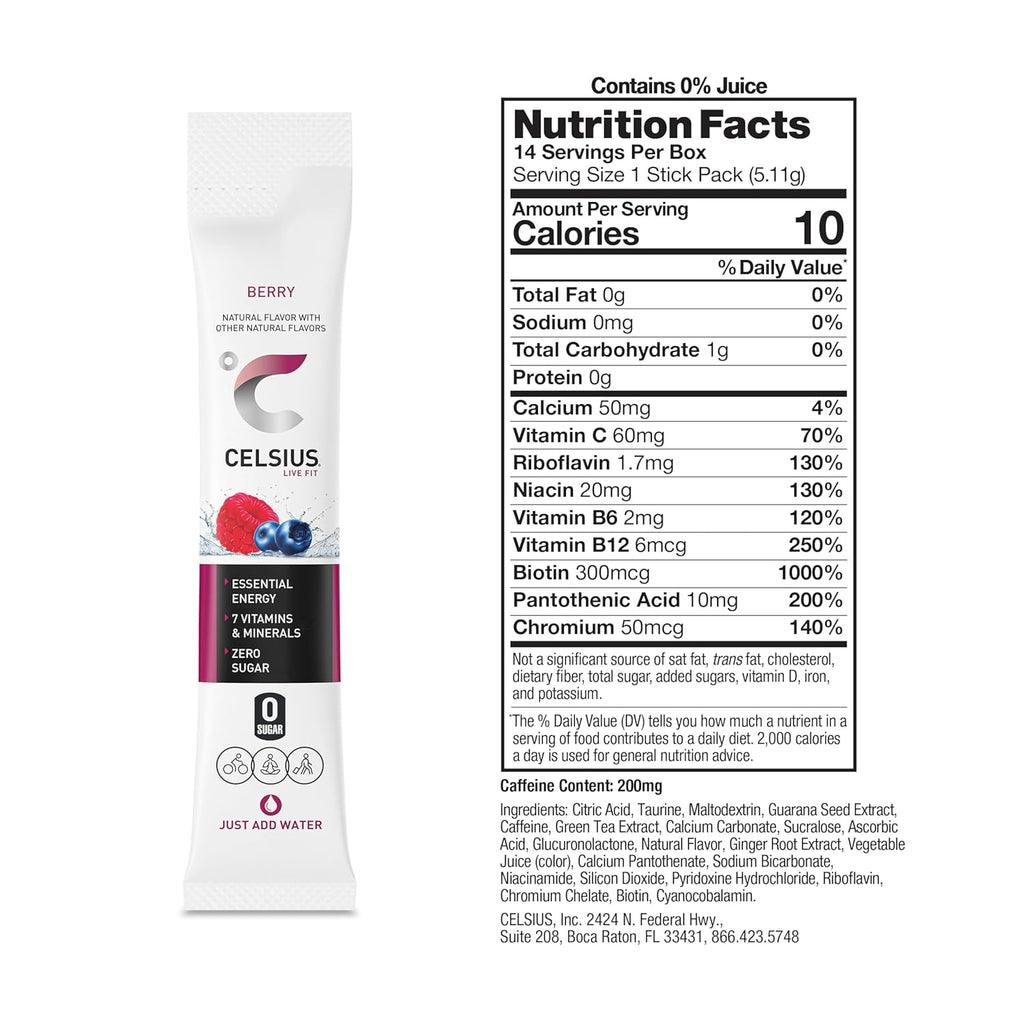 CELSIUS On-the-Go Powder Stick Packs, Zero Sugar (14 Sticks per Pack), Berry, 2.5 Ounce, (Pack of 14)