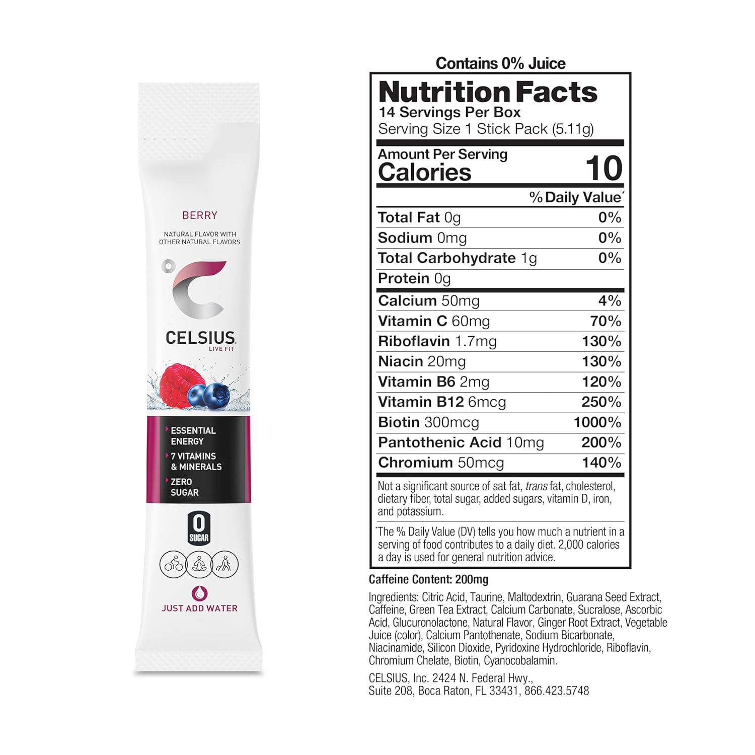 CELSIUS On-the-Go Powder Stick Packs, Zero Sugar (14 Sticks per Pack), Berry, 2.5 Ounce, (Pack of 14)