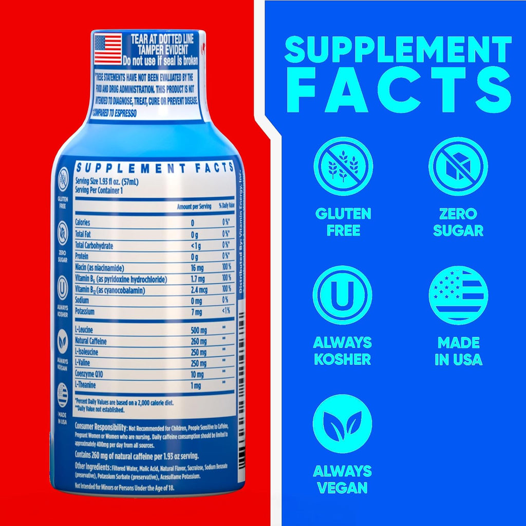 Vitamin Energy Hydration+ Extra Strength Energy Shot Blue Raspberry 12 Pack, 260mg Natural Caffeine, Electrolytes, BCAAs, Amino Acids, Hydration & Performance, Zero Sugar, Gluten-Free, 1.93 fl oz