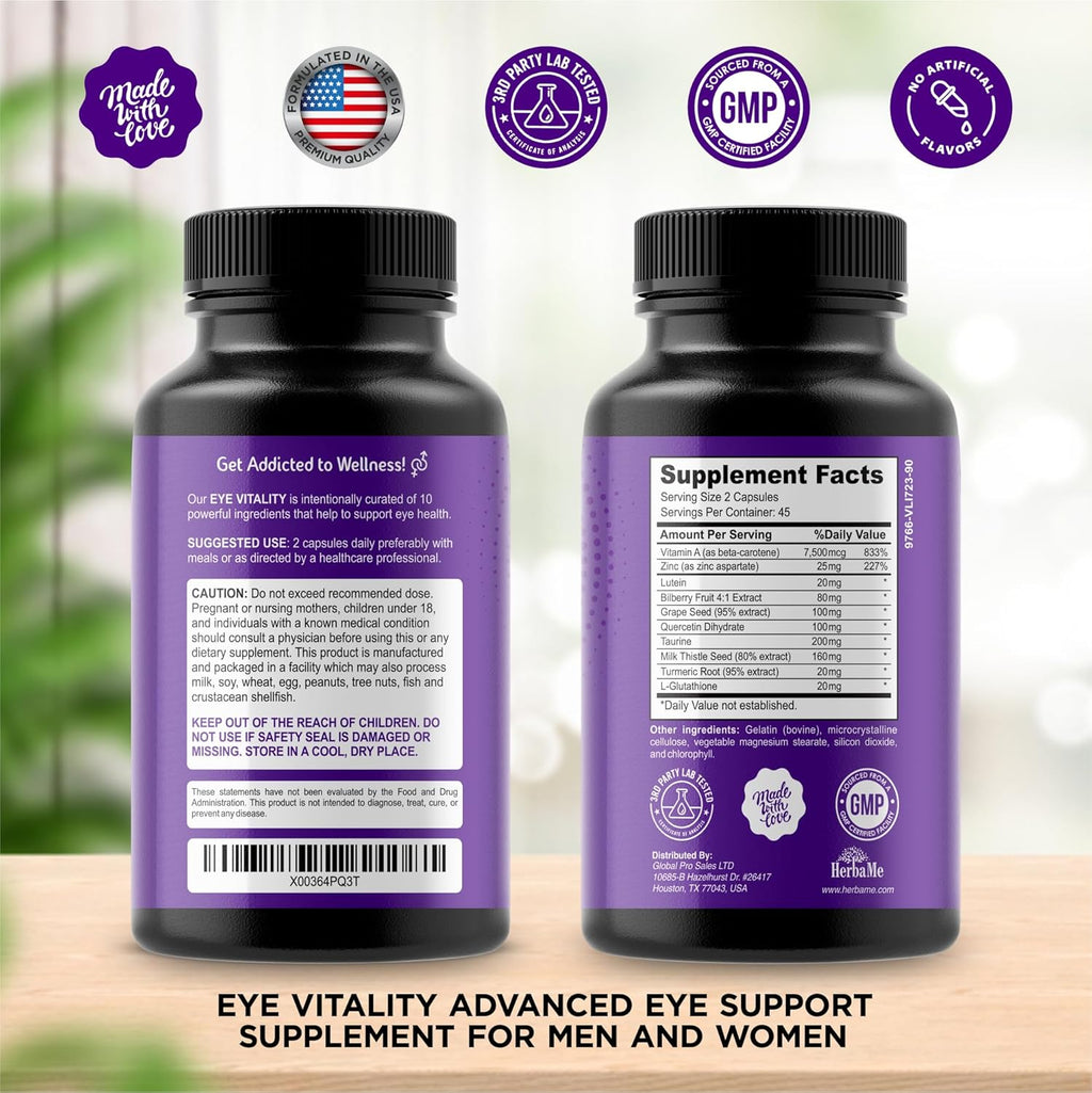 Eye Vitamins Supplement with Lutein, Bilberry, Beta Carotene, L-Taurine, Zinc and Quercetin, 90 Capsules, Supports Vision, Ocular and Macular Health, Helps Eyes Filter Blue Light