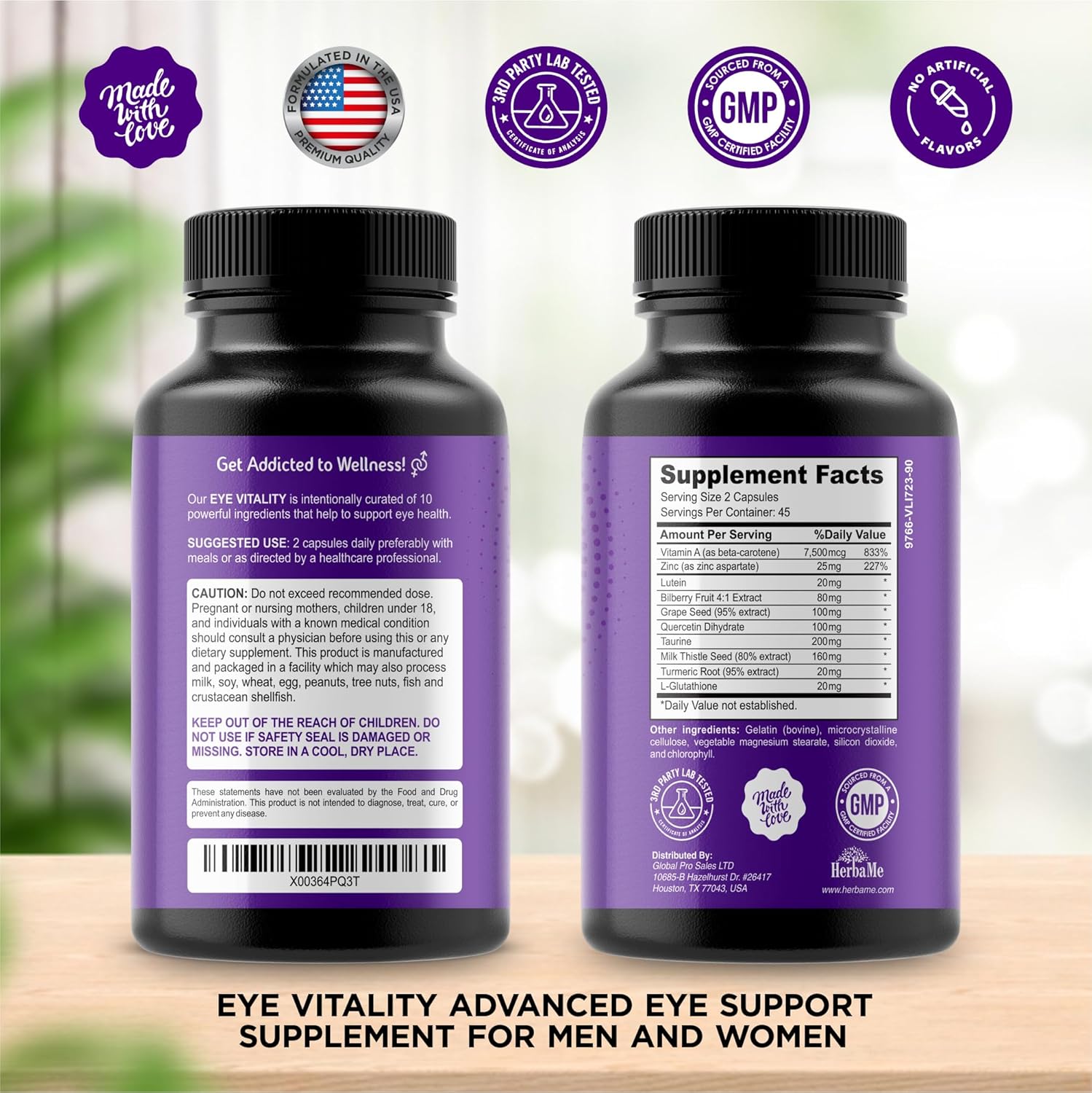 Eye Vitamins Supplement with Lutein, Bilberry, Beta Carotene, L-Taurine, Zinc and Quercetin, 90 Capsules, Supports Vision, Ocular and Macular Health, Helps Eyes Filter Blue Light
