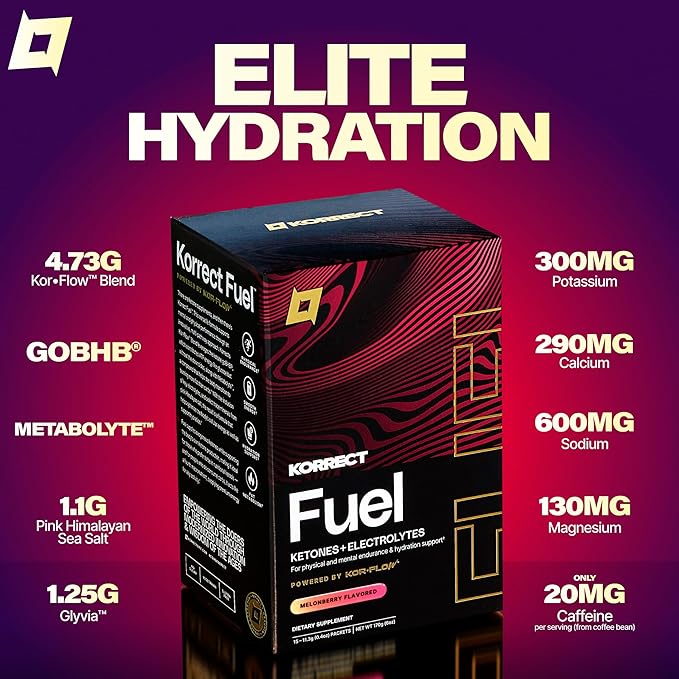KORRECT goBHB Exogenous Ketones Electrolytes Powder | Fast Ketone Boost for Energy, Focus & Hydration | Supports Endurance | Keto Certified, Vegan Friendly | 15 Single-Serve Packets (Melon Berry)