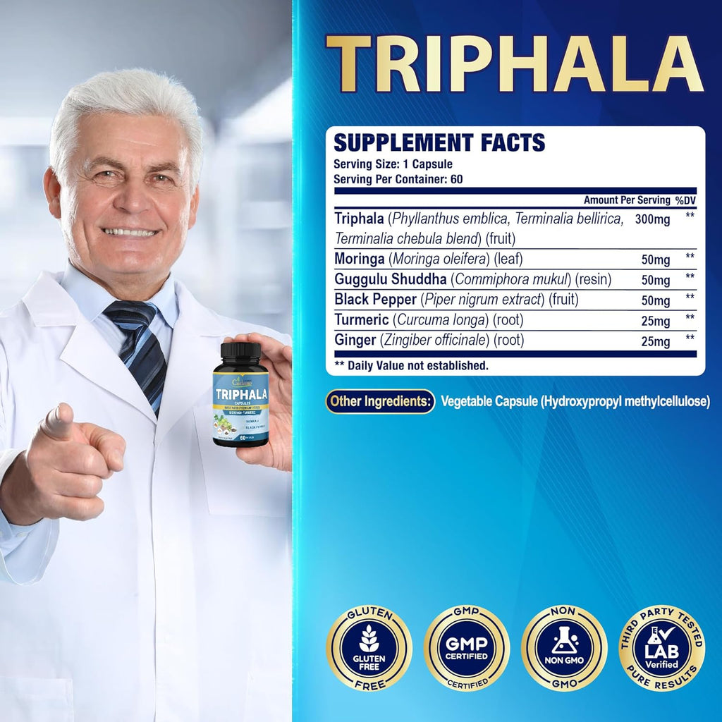 Organic Cadane Triphala Extract Capsules & Turmeric, Guggul, Ginger, Black Pepper, Moringa - Complex Supplement Herbs