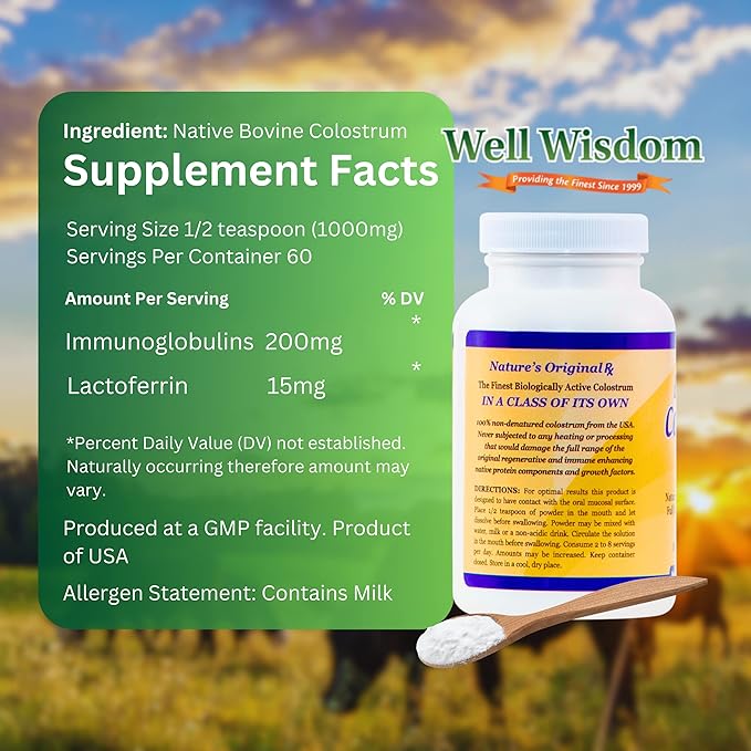 Bioactive Colostrum Well Wisdom 60g Bovine Supplement Powder, Grass-Fed Year-Round Colostrum Powder Natural Immune Recovery Supplement