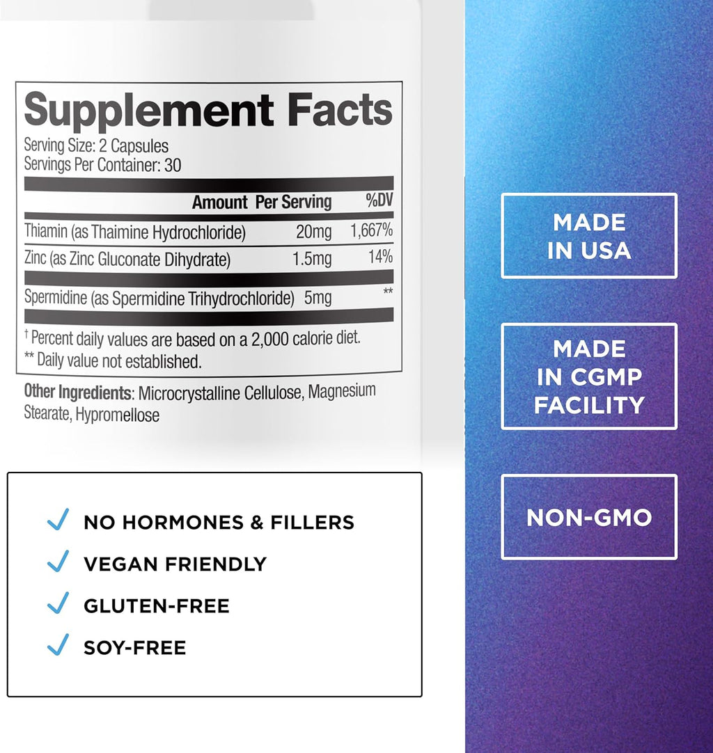 DR. EMIL NUTRITION Men & Women Spermidine 5mg Supplements | Aging Supplement | Pure Spermidine 3HCL & Thiamin 20mg | 60 Capsules | 30 Day Supply