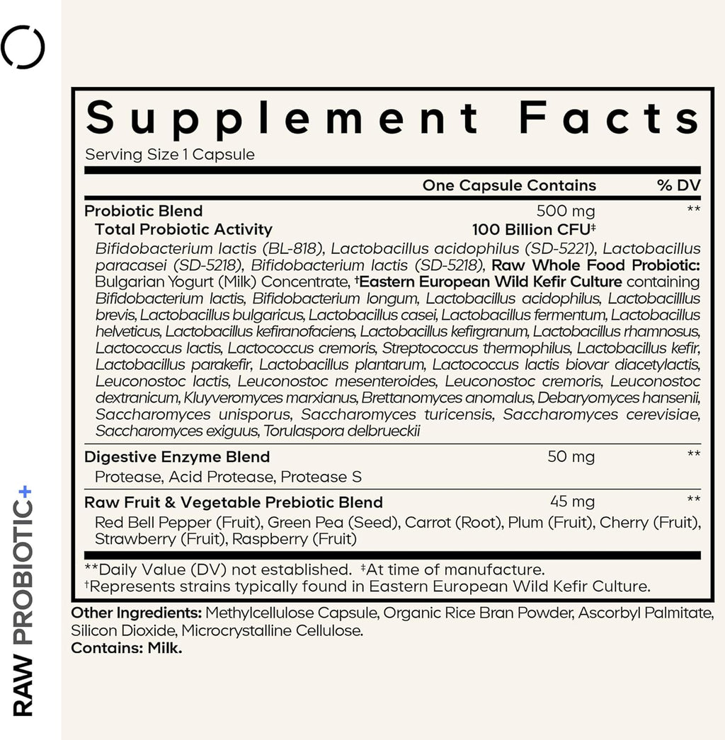 Codeage Raw Probiotic+ Supplement - 34 Probiotic Strains, 100 Billion CFUs, Raw Whole Food Probiotics, Digestive Enzymes, Raw Fruits & Veggies Prebiotics - Wild Kefir Culture - Non-GMO - 30 Capsules
