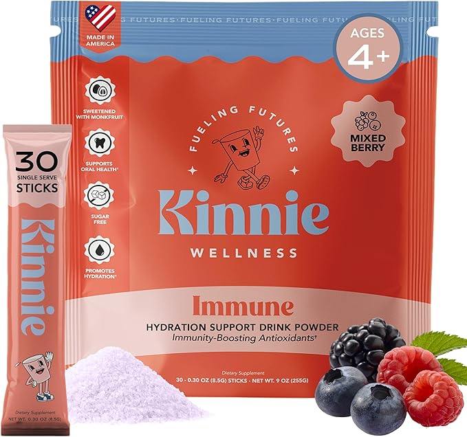 Immune & Hydration Vitamin Mix for Kids - Mixed Berry Flavor - Sugar-Free - Immune Support - Zinc, Vitamin C & D, Electrolytes, & Super Mushroom Blend for Ages 4+ (30 Sticks)