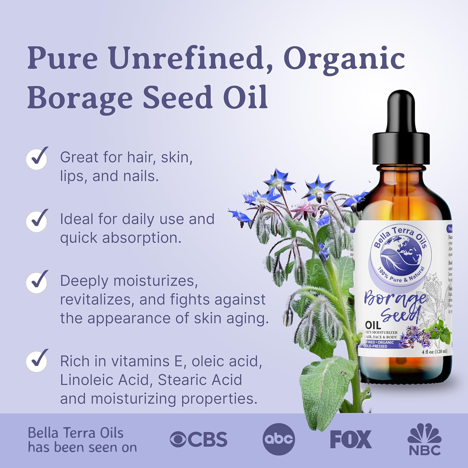 Bella Terra Oils - Organic Borage Seed Oil 8 oz - Cold-Pressed from Organic Borage Seeds, Overflowing with Vitamin E & Omega Fatty Acids, an Elixir of Youth & Beauty