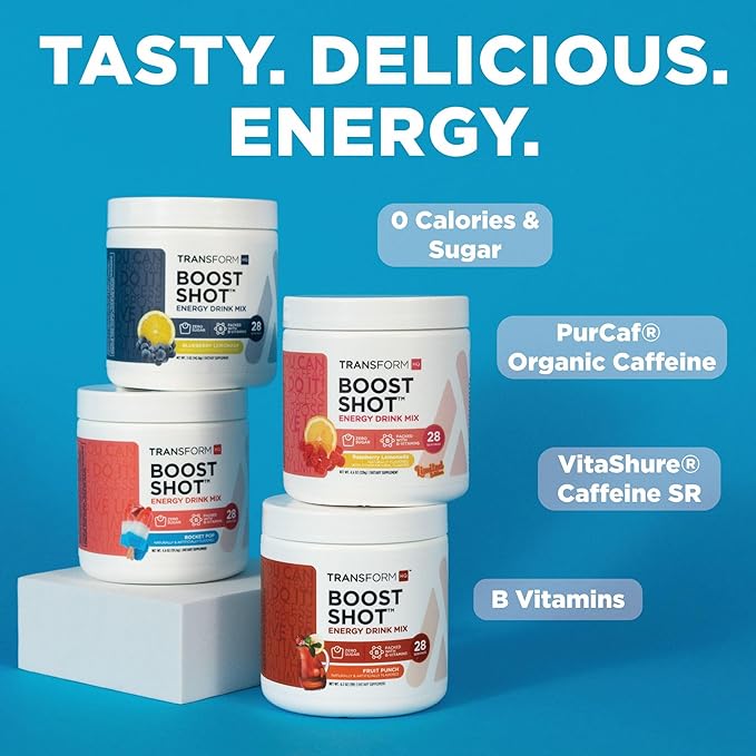 TransformHQ Energy & Focus Powder (Blue Raspberry) - Boost Shot Clean Energy Drink Mix - Sugar Free - Non-GMO, Gluten-Free - 28 Servings