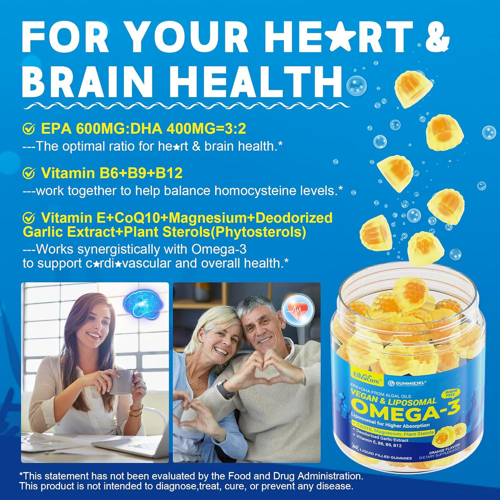 Vegan Omega-3 Gummies 1000mg +CoQ10+Magnesium- EPA 600mg DHA 400mg, Fish Oil Omega 3 Supplements Alternative for Women Men Adults, Liposomal, Algae, Plant Sterols, Garlic,B6,B9, B12, Sugar Free, 2Pack