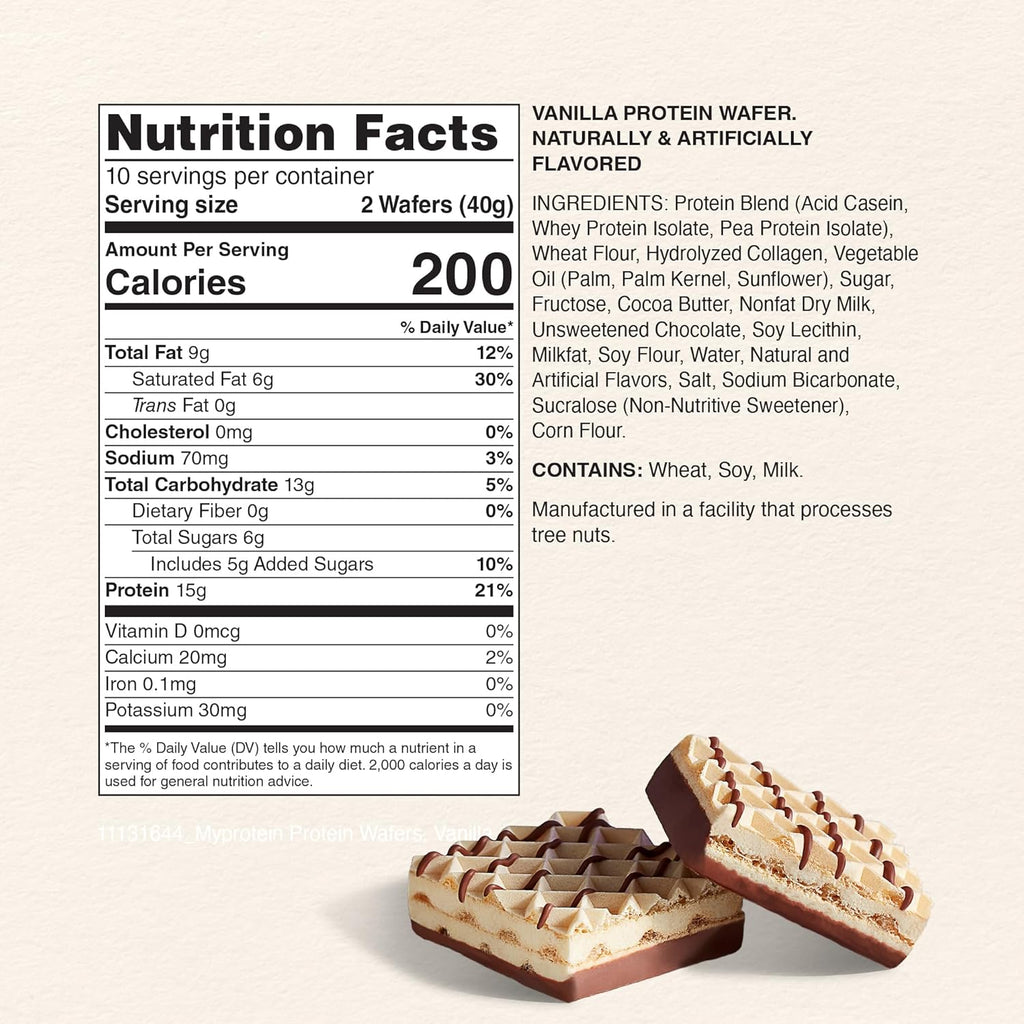 Myprotein Protein Bars, Crispy Protein Wafers, 15g High Protein Snacks, Box of 10 Vanilla Wafers Packs, Milk & Whey Protein Isolate, Light & Crunchy