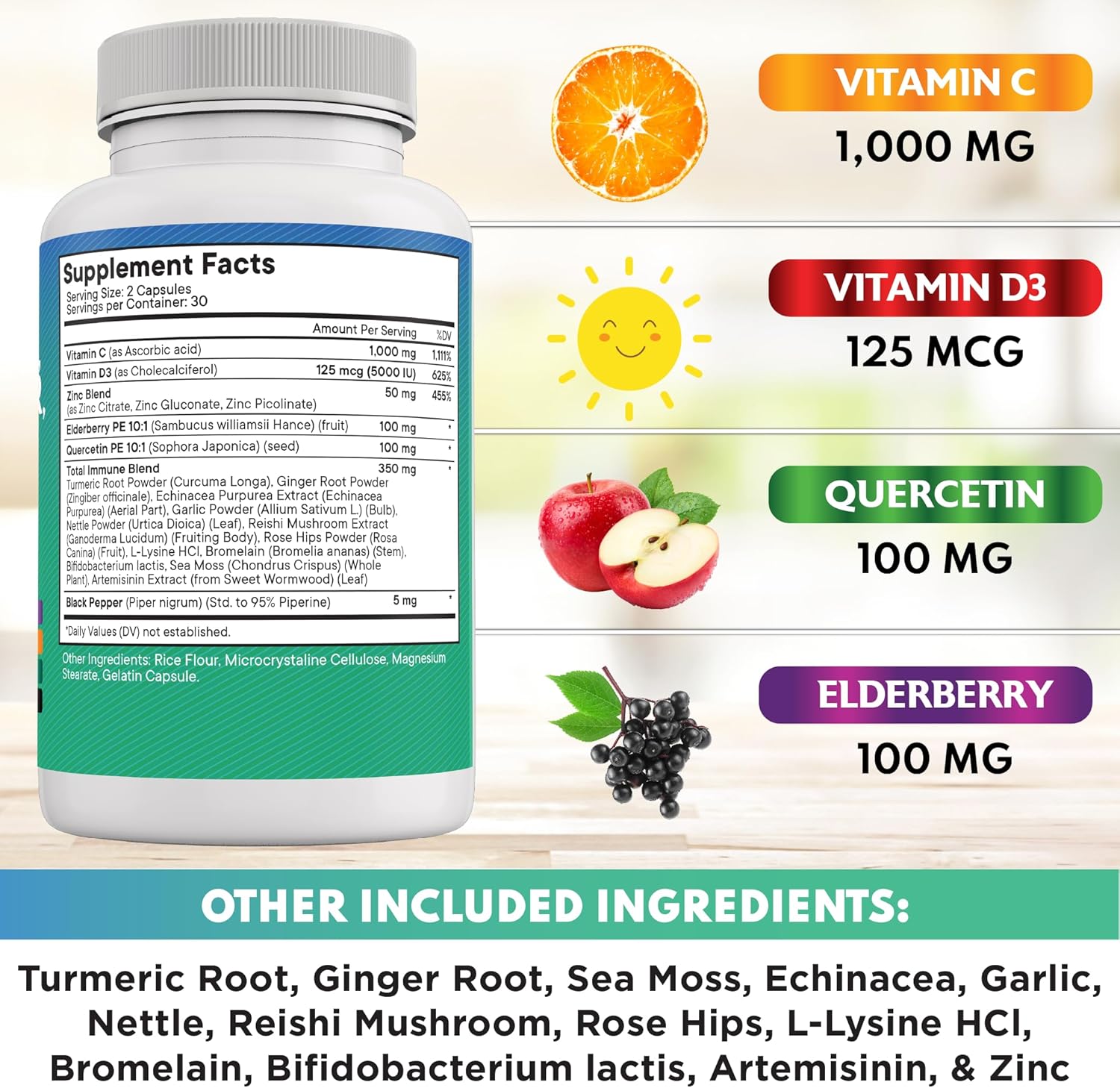 Quercetin Zinc Vitamin C Vitamin D Bromelain Elderberry - Nettle Supplement with Artemisinin, Sea Moss, Echinacea - 60 Count