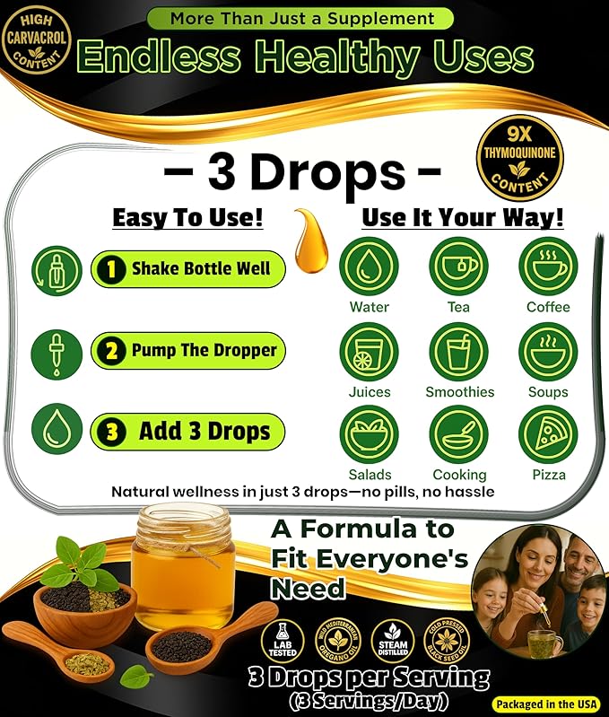 Oil Of Oregano With Black Seed Oil - 400 Servings, 2 in 1 Wild Oregano Oil with Black Seed Oil Drops, Organic Supplement, Alternative to Oregano and Black Seed oil Gel Capsules, Non-GMO, Vegan