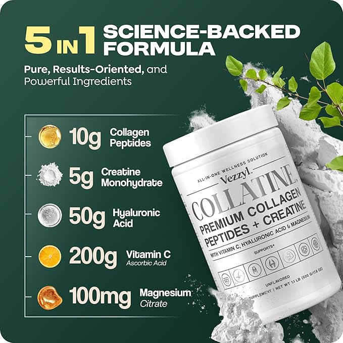 Collatine - Premium Collagen Peptides + Creatine with Vitamin C, Hyaluronic Acid and Magnesium for Skin, Hair, Nails, Bone & Joint, Muscle, Immune and Cognitive Aid (1.1 LB (500 G/17.6 OZ)
