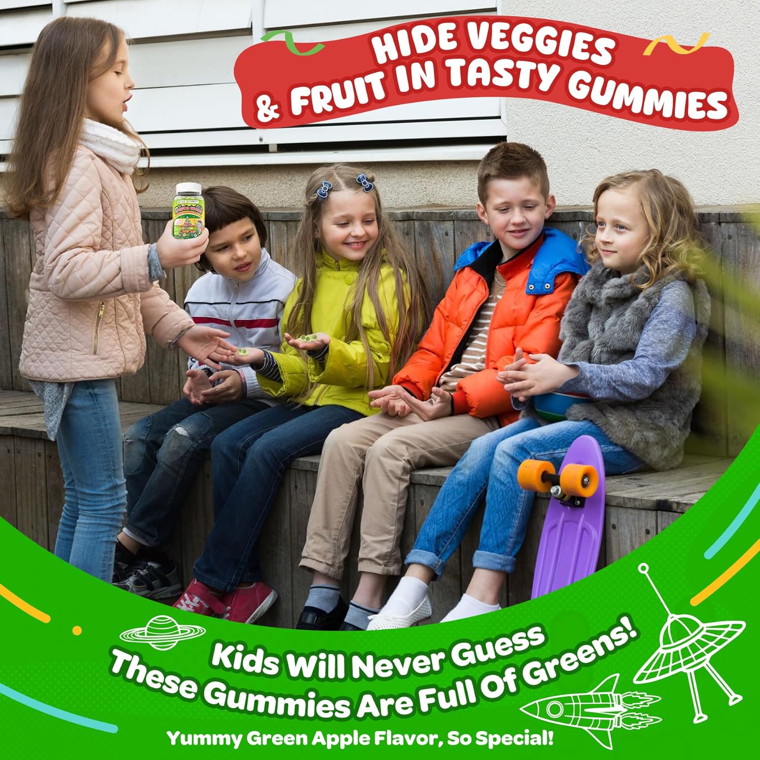 NEVISS Kids Super Greens 40-in-1 Gummies w/Multivitamin, Omega3, Iron, Picky Eater Organic Super Fruits Veggies Gummy, Superfood Supplement, Mushroom, Lutein | Immune, Bone, Brain, Energy, Sugar Free