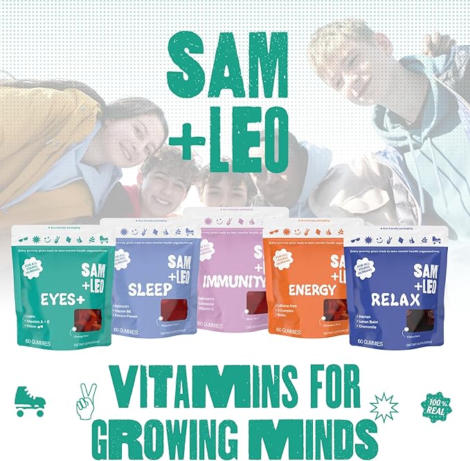 SAM+LEO Eye Vitamin Gummies with Lutein & Zeaxanthin for Kids & Teens - Eye & Vision Health Support Supplement Gummies + Vitamins A, E, & C | Vegan & Gluten Free Supplement - Orange Flavor (60 ct)