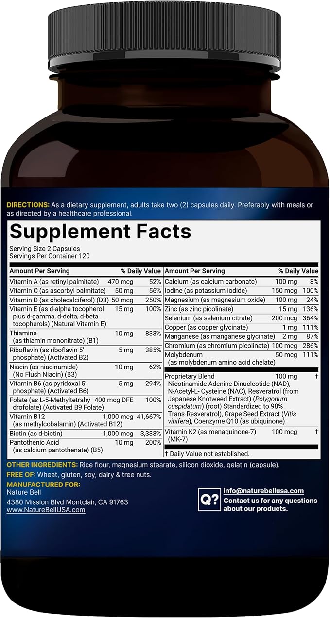 Methylated Multivitamin, 240 Capsules | Highly Bioavailable – 27 Advanced Nutrients – Vitamins A, C, D3, K2 + B Complex with Methylfolate, Methylcobalamin & NAD, NAC, CoQ10, Resveratrol, & Magnesium
