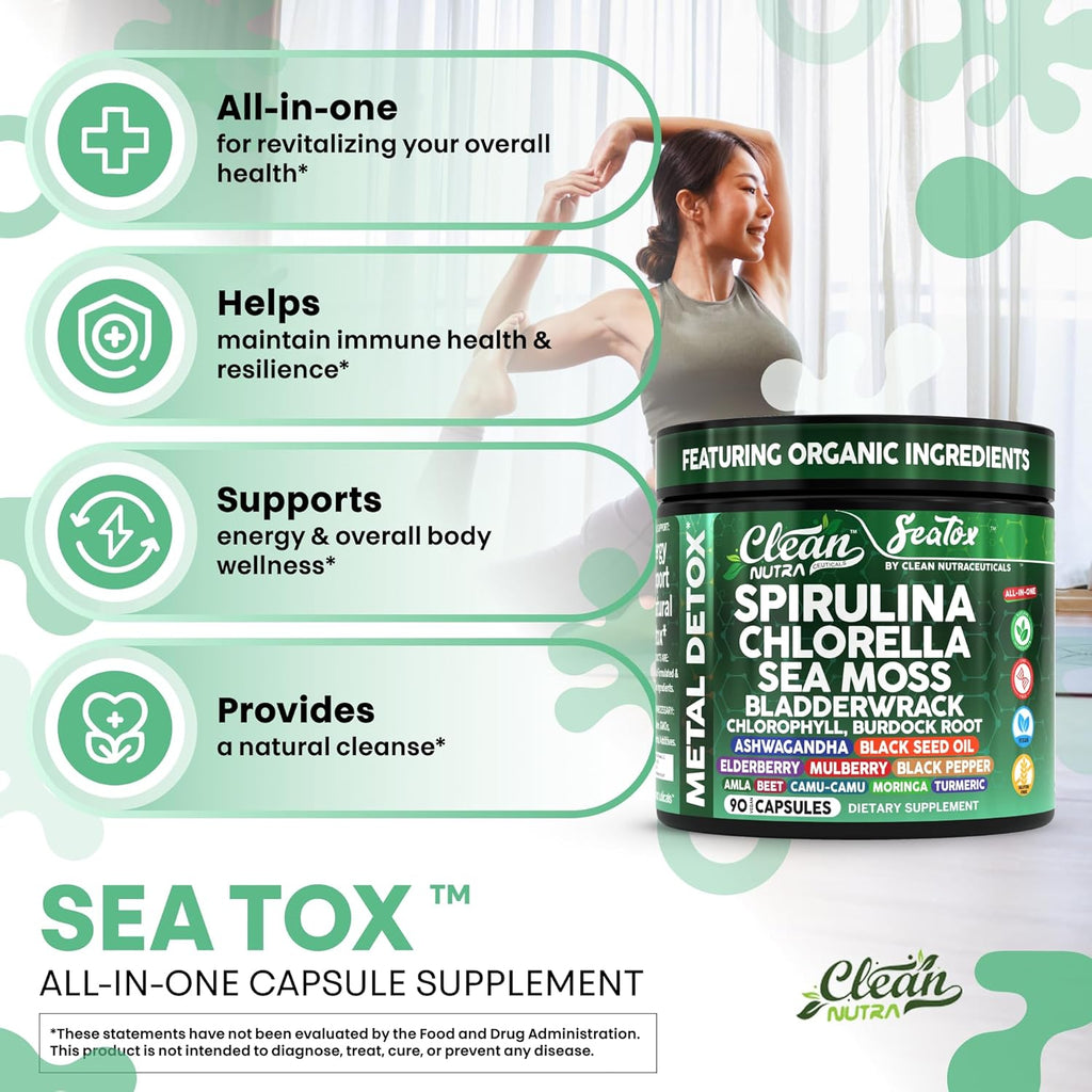 Sea Tox Organic Spirulina and Chlorella Capsules Natural Cleansing & Nourishment Sea Moss Bladderwrack Chlorophyll Burdock Root Ashwagandha Turmeric 90 Vegan Black Seed Oil Capsules by Clean Nutra