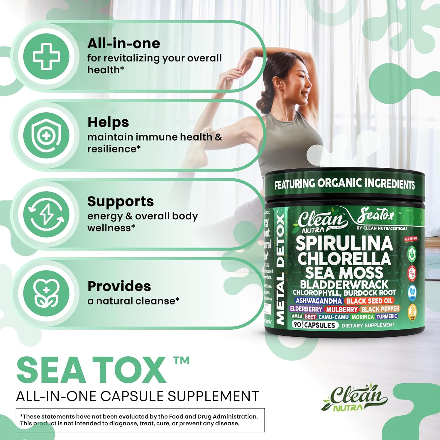 Sea Tox Organic Spirulina and Chlorella Capsules Natural Cleansing & Nourishment Sea Moss Bladderwrack Chlorophyll Burdock Root Ashwagandha Turmeric 90 Vegan Black Seed Oil Capsules by Clean Nutra