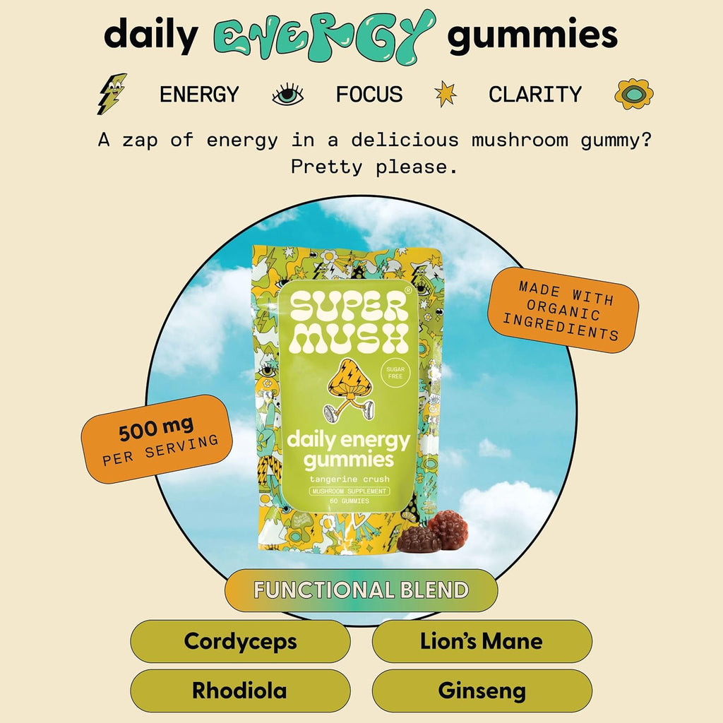 Energy Mushroom Gummies - Organic Lions Mane Supplement with Cordyceps, Rhodiola, L-Theanine, Maca - Vegan & Sugar-Free - Energy, Focus, Stamina, Stress Reduction - 60 Gummies (30 Servings)