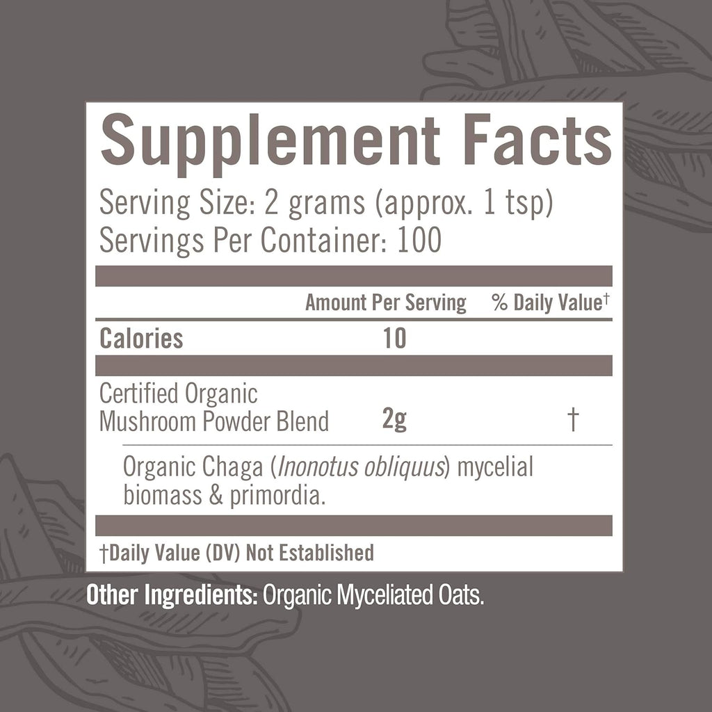 OM MUSHROOM SUPERFOOD Chaga Organic Mushroom Powder, 7.05 Ounce Pouch, 100 Servings, US Grown, Sacred Antioxidants & Immune Support, Superfood Mushroom Supplement