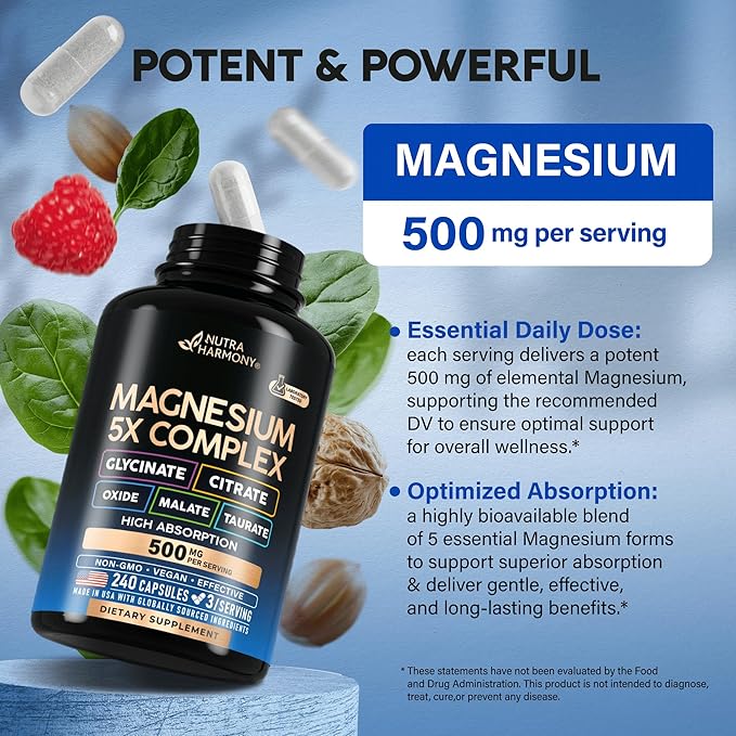 Magnesium Supplement - 5 in 1 Complex 500 mg | Glycinate | Citrate | Malate | Taurate | Oxide - Made in USA - Stress, Muscle & Heart Support - Vegan, Natural, Non-GMO - 240 Capsules