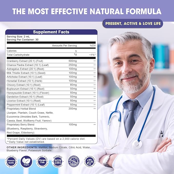 GREENPEOPLE Kidney Cleanse Detox & Repair - 27-In-1 Kidney & Liver Drops with 20:1 Cranberry Extract & Chanca Piedra, Alcohol-Free Supplement for Urinary Tract & Liver Support (2 Oz 2 Pack, Blueberry)