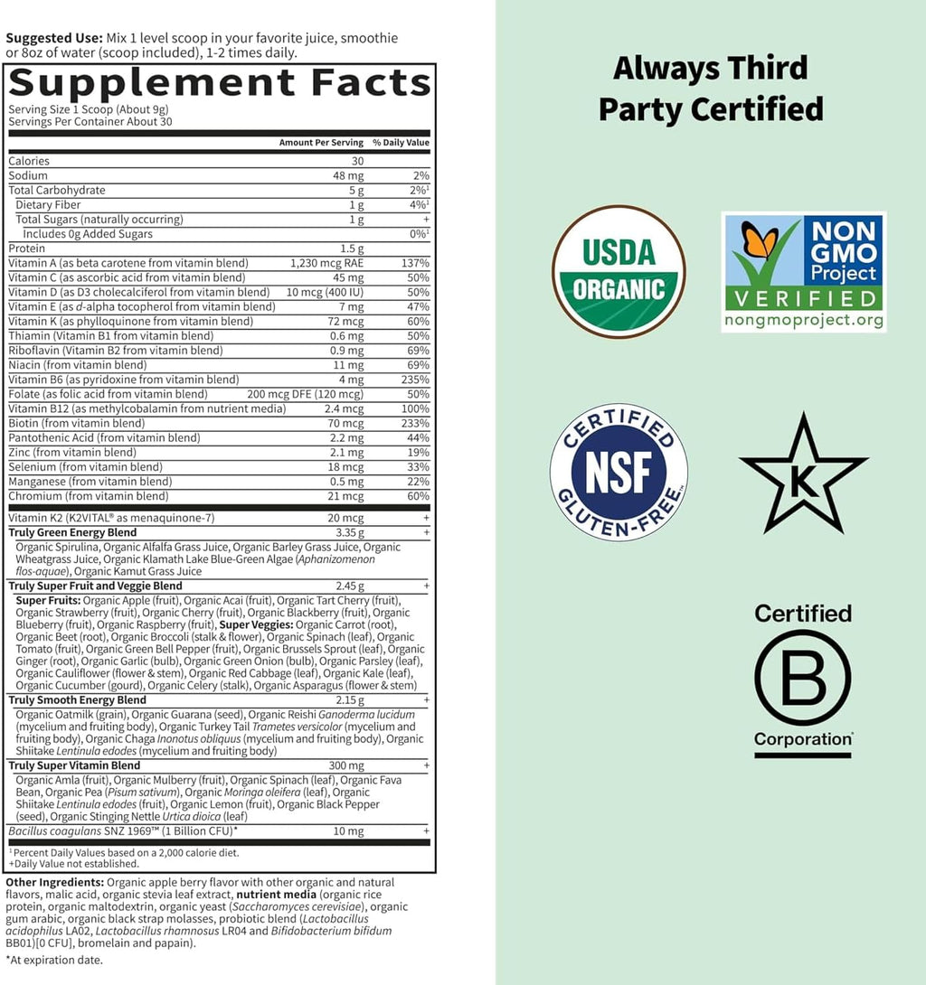 Garden of Life Sport Nutrition Greens and Superfoods Powder - Apple Berry, Organic Athletic Powder Blend with Fruits, Vitamins, Pre & Probiotics, Mushrooms Supplements, Vitamin K2, About 30 Servings
