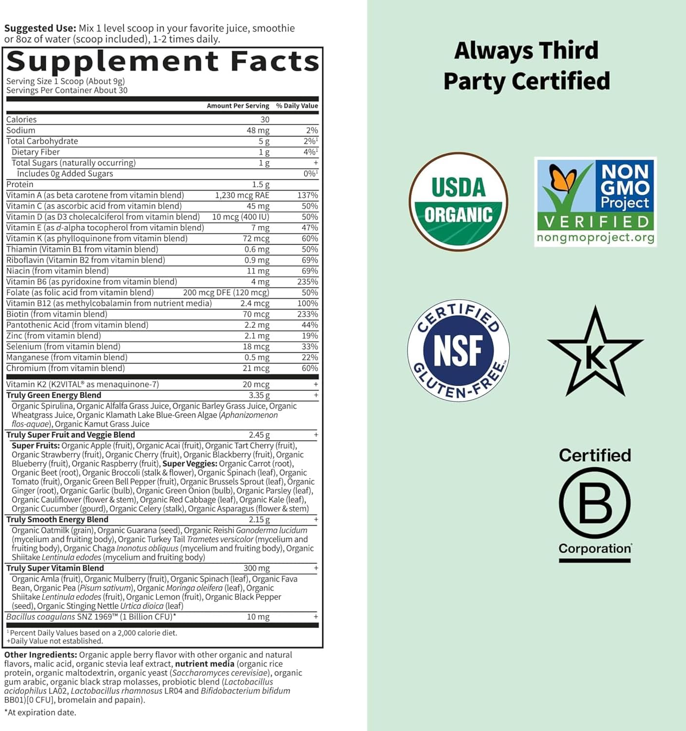 Garden of Life Sport Nutrition Greens and Superfoods Powder - Apple Berry, Organic Athletic Powder Blend with Fruits, Vitamins, Pre & Probiotics, Mushrooms Supplements, Vitamin K2, About 30 Servings