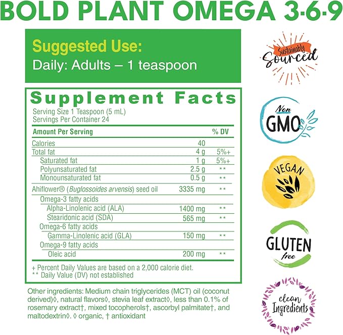 Bold Botanica Plant Vegan Omega 3-6-9 with Ahiflower Oil, Omega 3 Liquid Supplement for Women & Men, Plant-Based Omegas for Brain & Immune Health, Better Than Flax, Fish Free, Sugar-Free, 4 fl oz