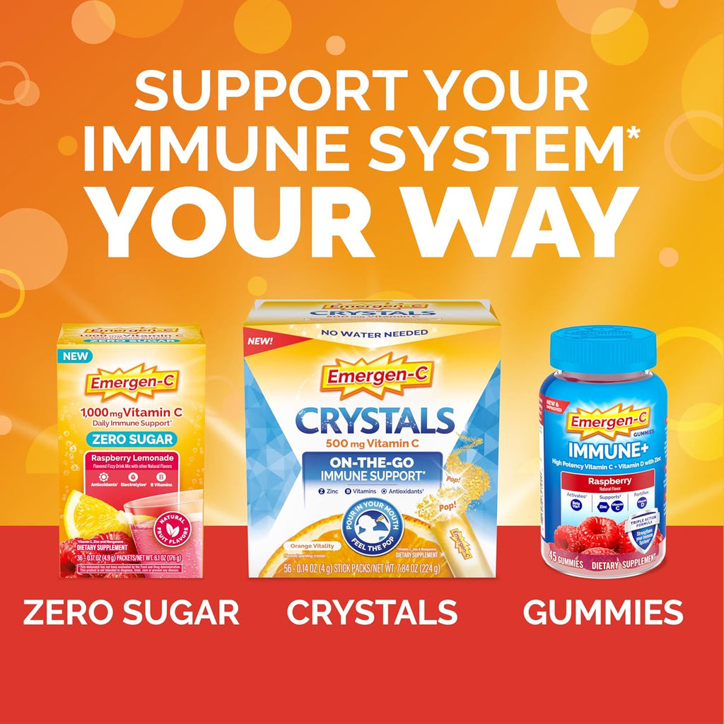 Emergen-C 1000mg Vitamin C Immune Support Powder Super Orange 90CT includes Zinc, Manganese, 7 B Vitamins and Electrolytes for Back to School Essentials