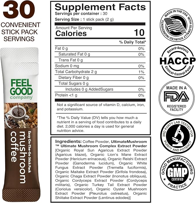 Feelgood Company Mushroom Coffee with 10 Organic Mushrooms and Arabica Coffee, 30 Stick Packs, Zero Added Sugar, Supports Immune Health and Brain Function