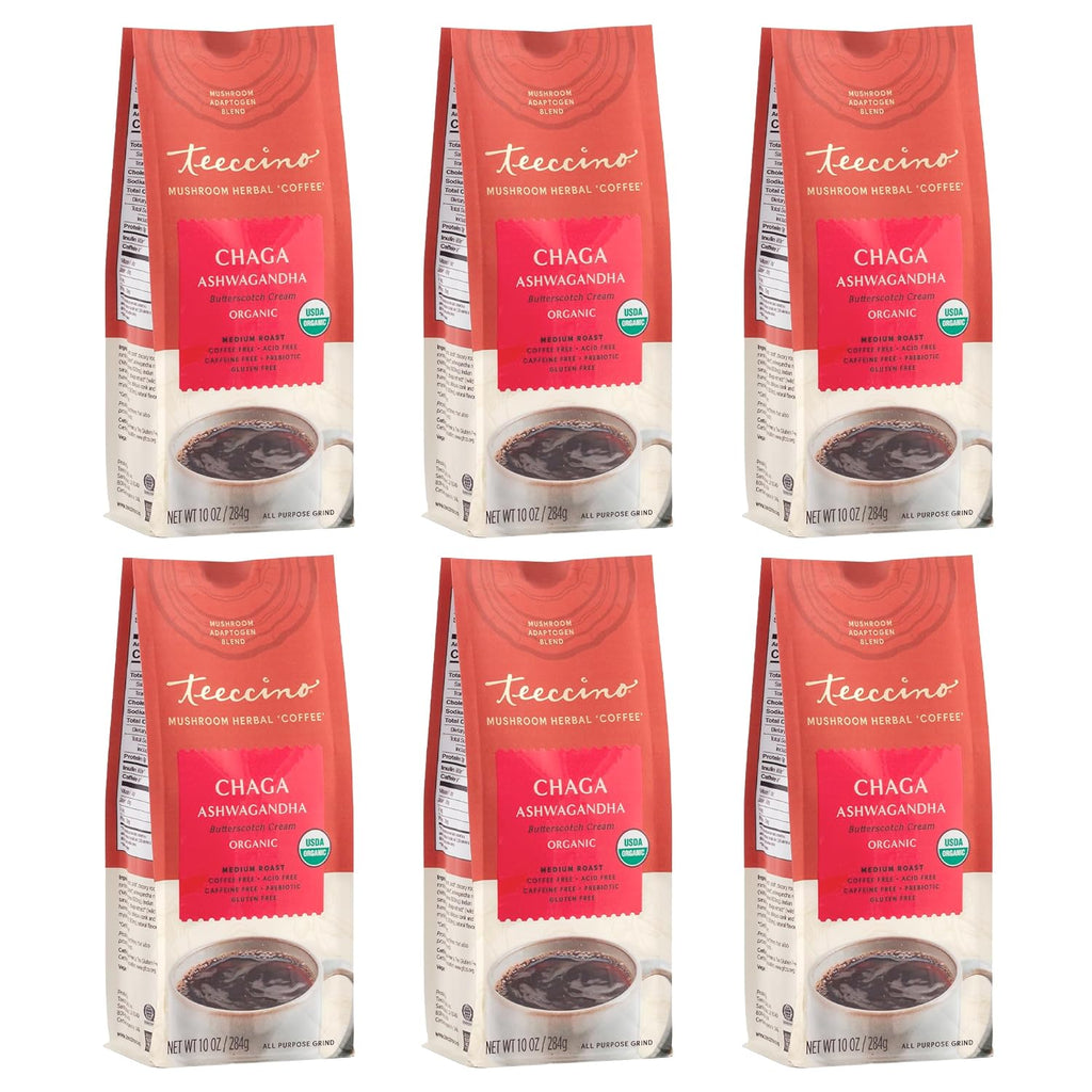 Teeccino Chaga Ashwagandha Coffee Alternative - Butterscotch Cream - Organic, Adaptogenic Herbal Mushroom Coffee, Medium Roast, Caffeine Free, Prebiotic, Acid Free, Gluten Free - 10 oz (Pack of 6)