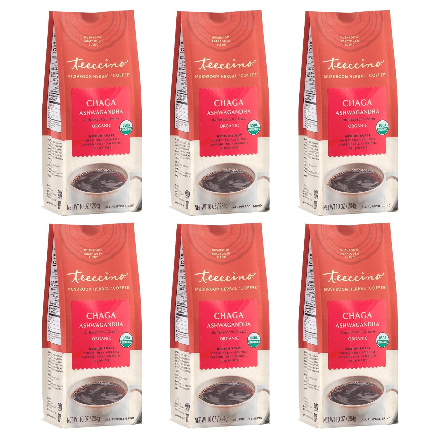 Teeccino Chaga Ashwagandha Coffee Alternative - Butterscotch Cream - Organic, Adaptogenic Herbal Mushroom Coffee, Medium Roast, Caffeine Free, Prebiotic, Acid Free, Gluten Free - 10 oz (Pack of 6)