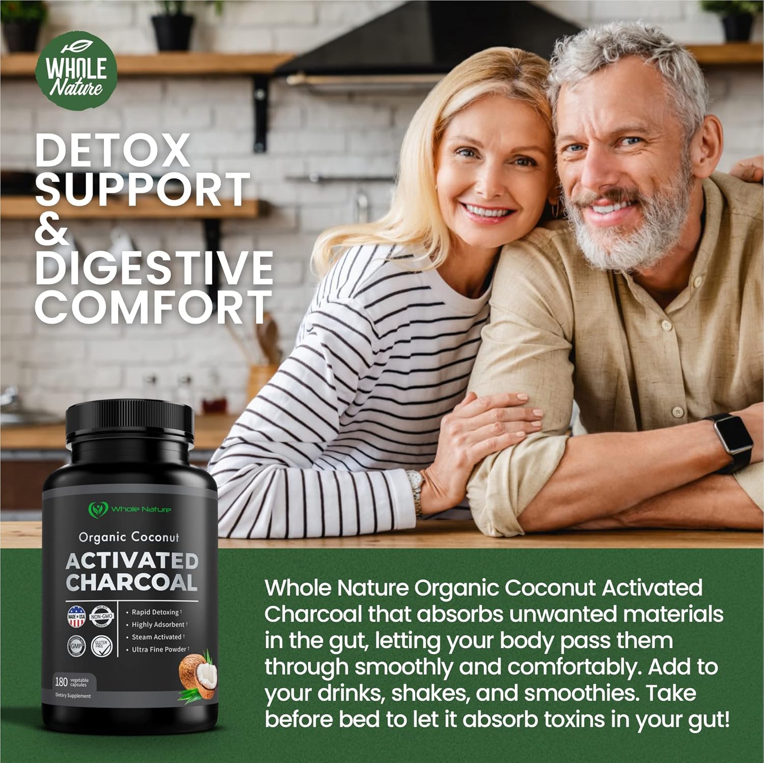 Coconut Activated Charcoal Capsules, 180 Charcoal Capsules, Teeth Whitening, Helps Constipation, Bloating, Stomach Gas, Heartburn, Pure Coconut Derived Supplement (3)