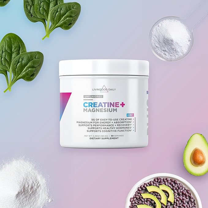 Livingood Daily Creatine + Magnesium Powder, Unflavored | 5g Micronized Creatine Monohydrate with Magnesium for Energy, Muscle Recovery & Performance | 30 Servings