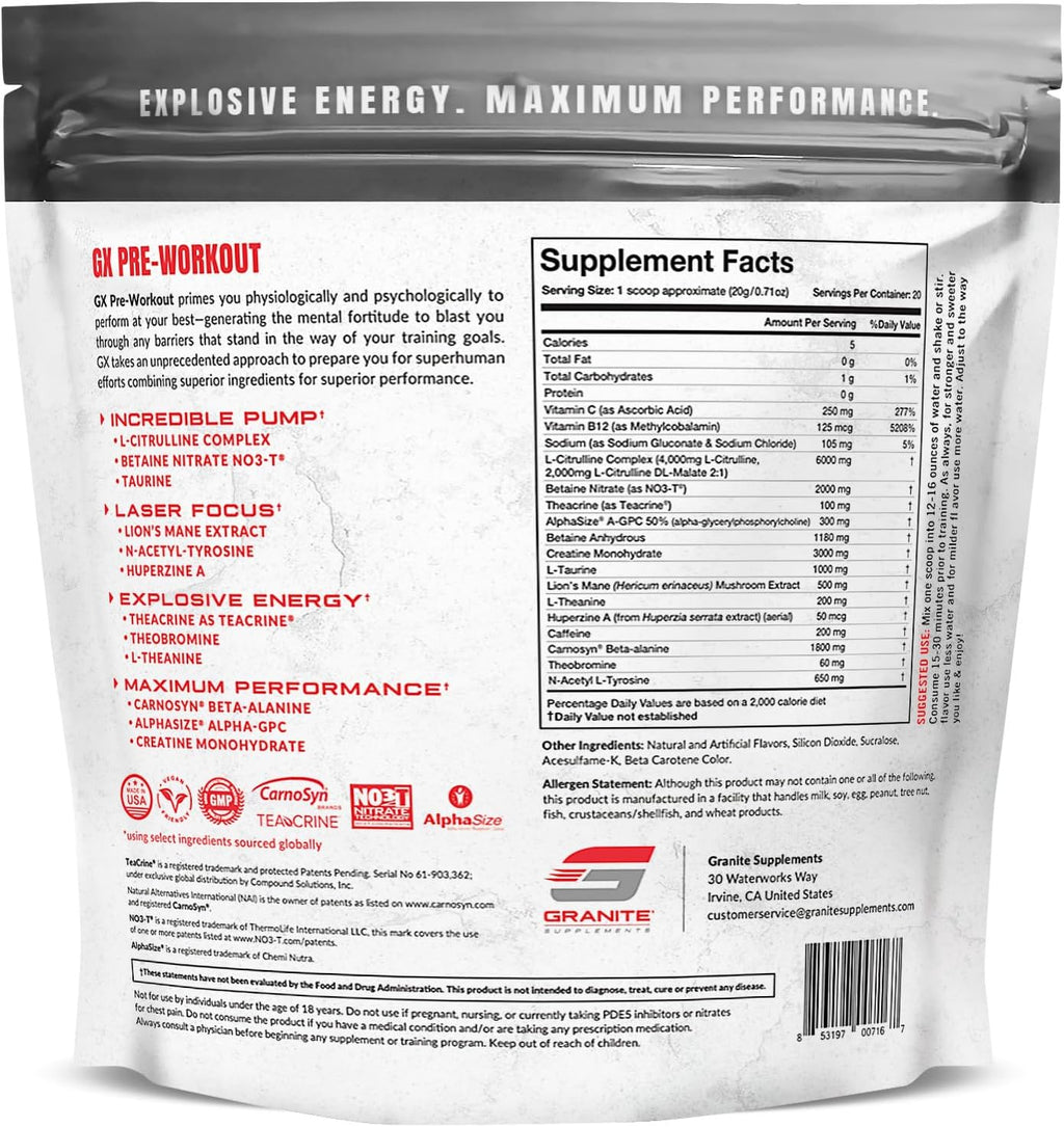 Granite GX Pre Workout Supplement, Tangerine Blast Flavor, Supports Focus, Energy, & Performance with Teacrine, L-Citrulline, Betaine, & A-GPC (20 Servings)