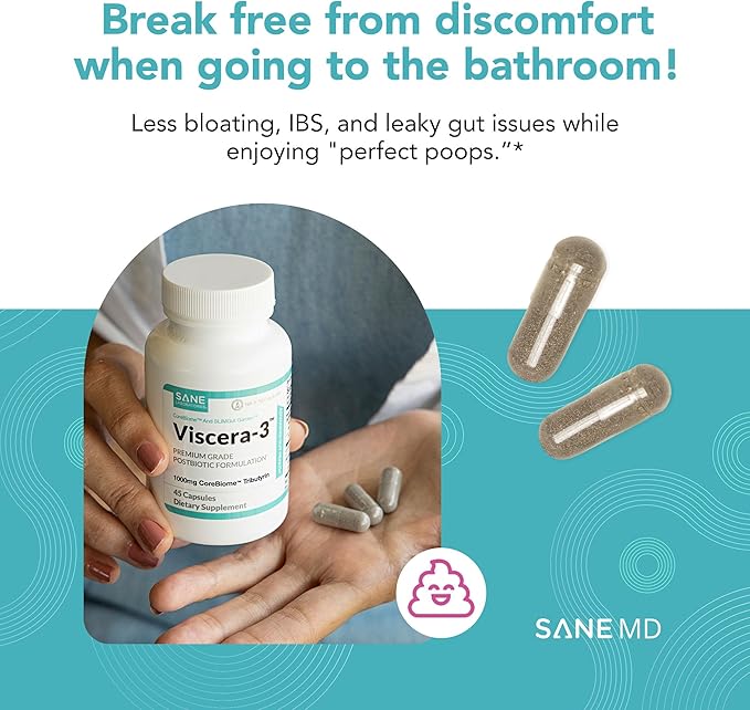 SANE MD - Viscera 3 Postbiotics with Tributyrin - Sodium Butyrate Supplement for Gas and Bloating Relief - Gut Health - IBS & Leaky Gut Butyric Acid Supplement - NSF Certified - 30 Capsules
