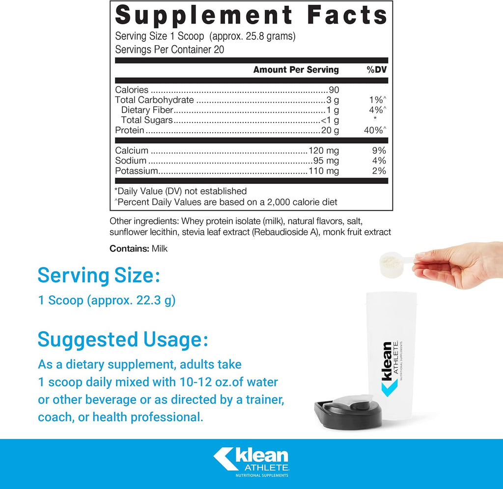 Klean Athlete Klean Isolate - Whey Protein Isolate - Daily Protein & Amino Acid - Intake for Muscle Integrity* - NSF Certified for Sport - 20 Servings - Natural Vanilla Flavor