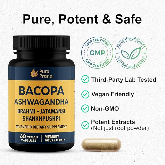Pure Prana Ayurvedic Brain Supplement – Natural Nootropic for Memory, Focus & Clarity – Plant-Based Cognitive Support with Brahmi, Ashwagandha & Gotu Kola – Vegan Formula for Men & Women