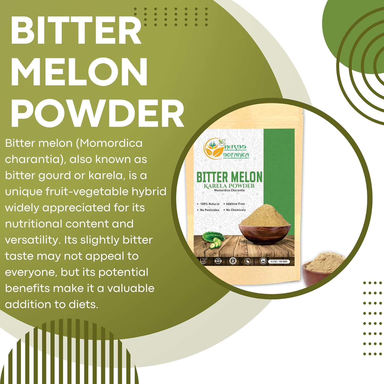 Bitter Melon Powder (Karela, Momordica Charantia), 100% Natural, Non-GMO, Gluten-Free, Supports Healthy Lifestyle & Wellness, 5.3 oz / 150 gm