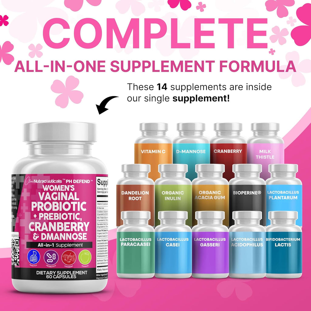 Clean Nutraceuticals Vaginal Probiotics for Women with Cranberry, D-Mannose, Prebiotics, pH Balance Support, Feminine Health, Urinary Tract Cleanse – Capsule Alternative to Gummies – 60 Count