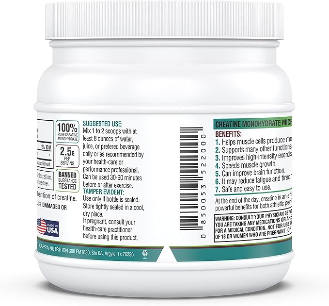 Kappa Nutrition Creatine Monohydrate Powder, Pure Amino Acid Formula, Supports Muscle Strength, Cellular Energy & Mental Focus* Gluten-Free, Keto, 2.25g per Scoop, 240 Servings, Net Wt. 1.32 LB (600g)