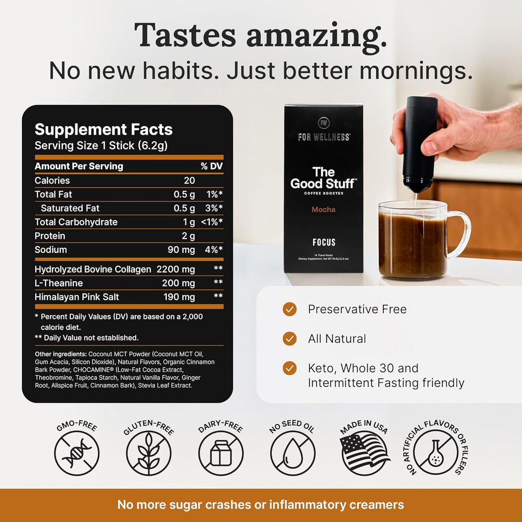 For Wellness The Good Stuff Focus – Mocha Coffee Booster | Nootropic Collagen Creamer with MCTs for Focus, Energy & Wellness | Non-Dairy, Keto-Friendly, 14 Servings