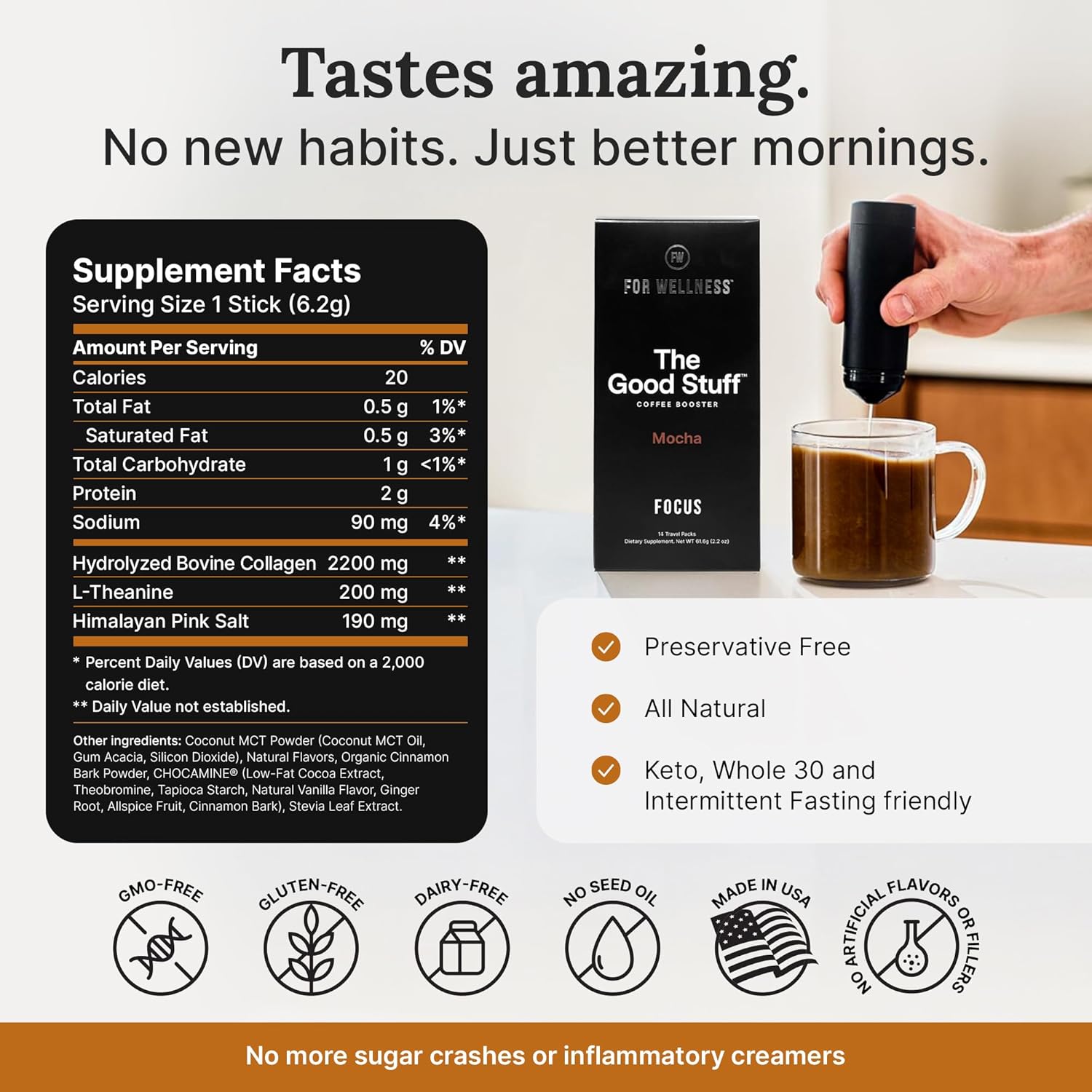 For Wellness The Good Stuff Focus – Mocha Coffee Booster | Nootropic Collagen Creamer with MCTs for Focus, Energy & Wellness | Non-Dairy, Keto-Friendly, 14 Servings